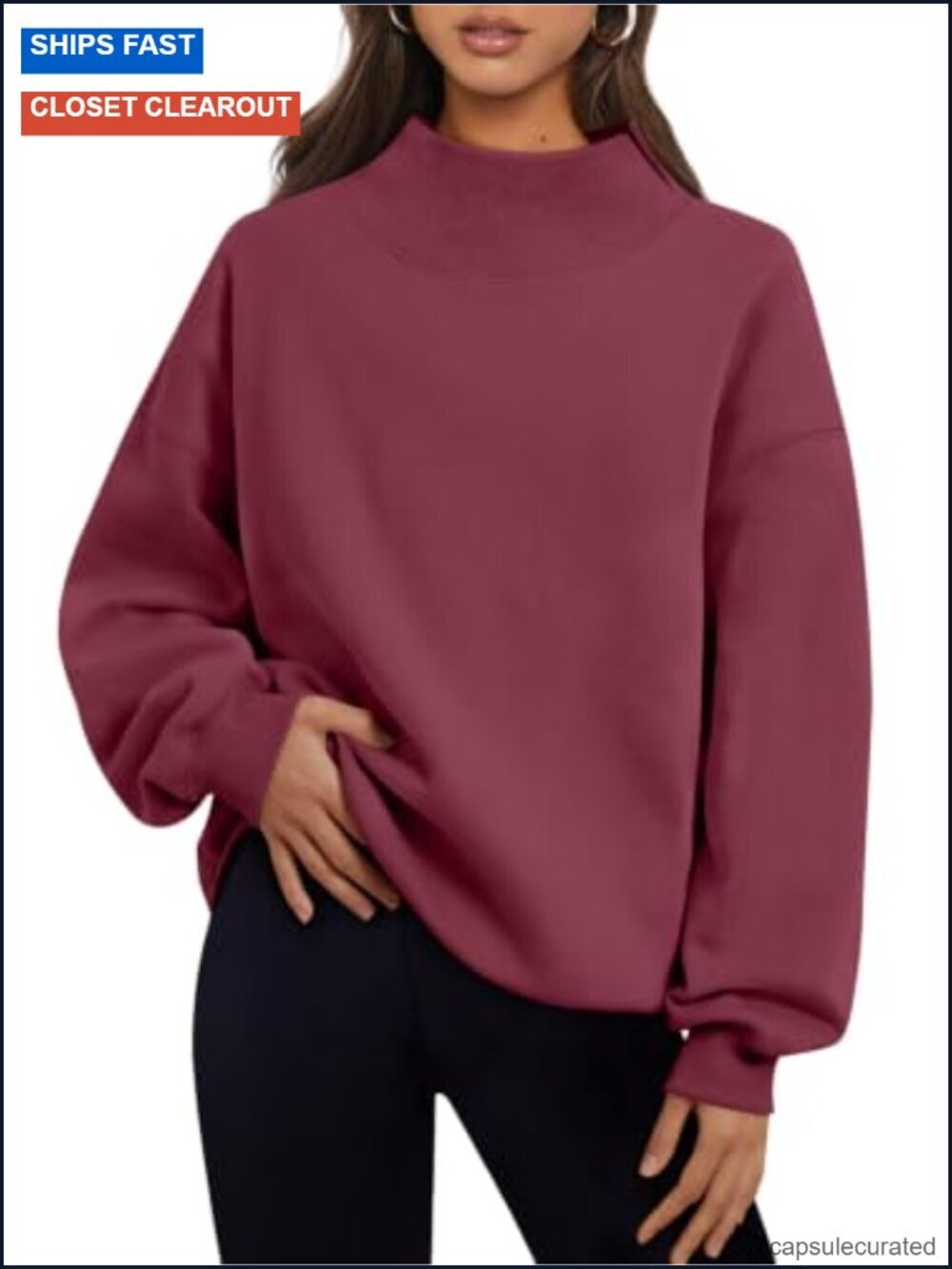Mock Neck Oversized Sweatshirt Pullover with Fleece Lining - Long Sleeve